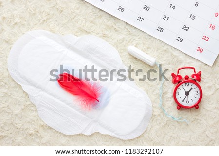 Women\'s health concept photo, some aspects of women’s wellness in monthlies period. Menstrual pad and tampon. Woman critical days, gynecological menstruation cycle period. Sanitary woman hygiene