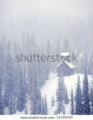 USA, Colorado, Abandoned Silver mine in Snow Storm