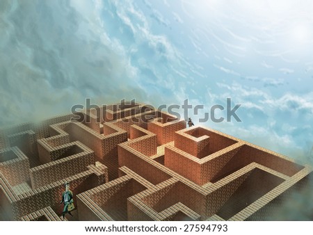 people trying to find the way out of a brick labyrinth