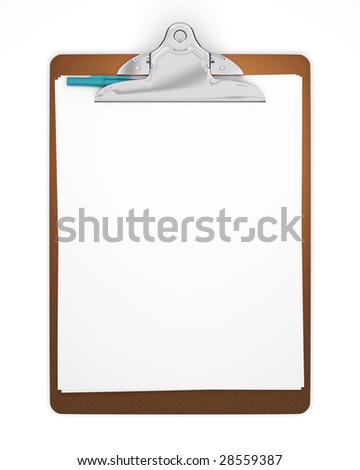 Clipboard holding papers with a stick pen tucked behind the clip. Sharp focus. Includes pro clipping path.