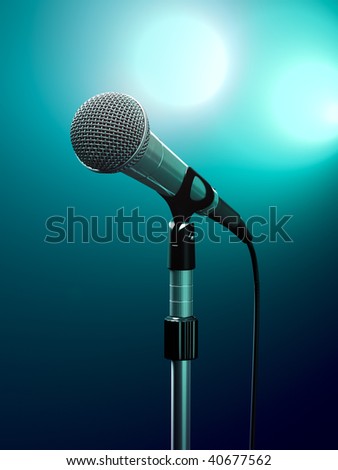 Microphone on stage with turquoise stage lights.