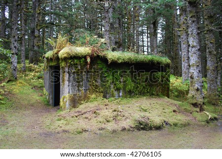 Old ammunition bunker in forest on Kodiak Island, Alaska
