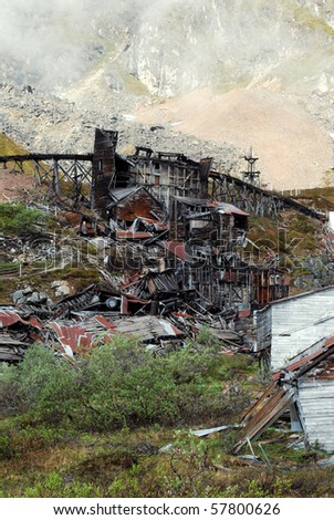 Ruined Gold Mine Ore Cart Track and Ore Processing Buildings at Independence Gold Mine, Alaska
