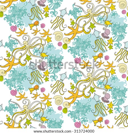 Seamless pattern of sea animals. Sea life seamless background, underwater vector illustration, fish and waves