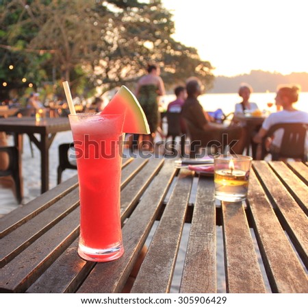 Fresh cold watermelon juice on the beach, Malaysia, Pangkor island, open air cafe.