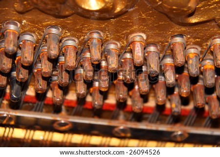 Inside an Upright Piano - tuning knobs and strings
