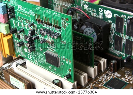 Computer Hardware. Motherboard with video card, sound card