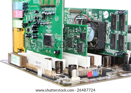 Computer Hardware. Motherboard with video card, sound card