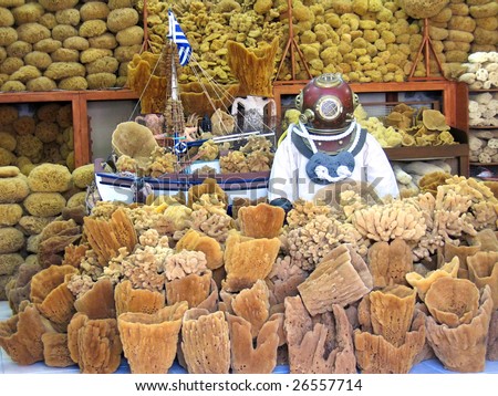 Many sea sponges round a figure of the diver