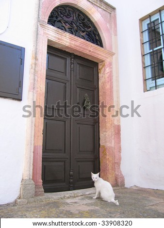 cat at door of old greek house