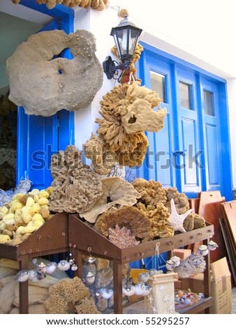 Many different marine sponges. Market in Greece