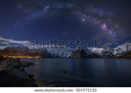 Starry Night.\
Our home galaxy over the the village of Hamnoy in the circle arctic of Norway.