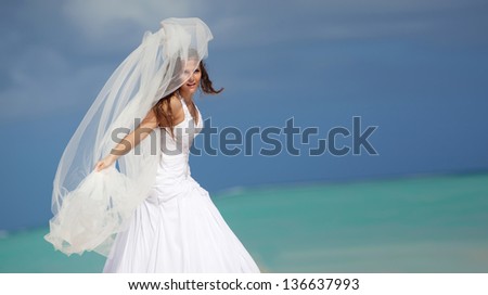 the bride with a veil on the beach in the sky and blue sea.