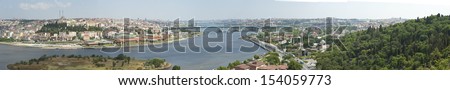 Panoramic aerial view over the Bosphorus River and Istanbul from famous Pierre Loti Cafe