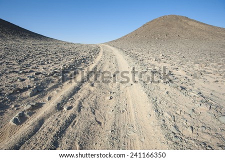Vehicle tyre tracks going through a desolate arid rocky desert landscape