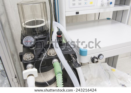 Closeup detail of a medical center hospital ventilator machine in an emergency operating room