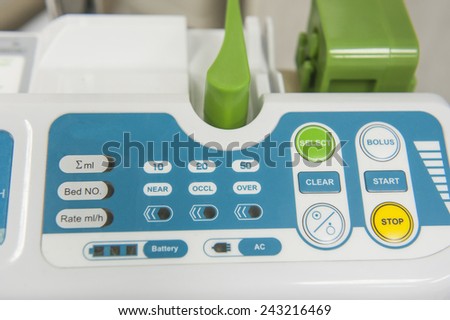 Closeup detail of hi-tech technology electronic medical monitoring equipment in a health care center hospital