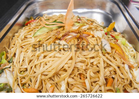 Closeup of Pad Thai chinese meal on display at a hotel restaurant buffet