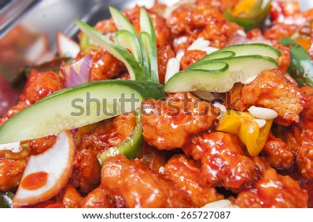 Closeup of Kung Pao Chicken chinese meal on display at a hotel buffet