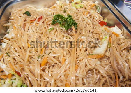 Closeup of Pad Thai chinese meal on display at a hotel restaurant buffet
