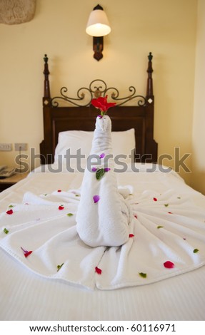 Decoration made from a towel in a luxury hotel room