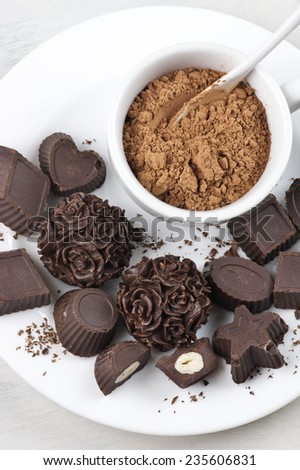 Homemade natural chocolate candies on white plate.