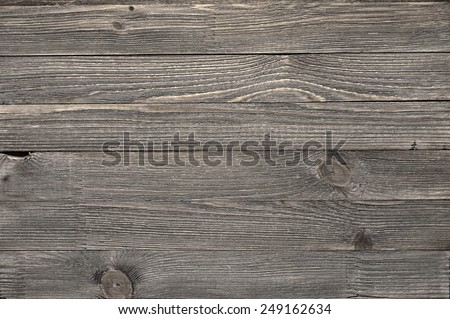 Natural knotted gray weathered wood plank texture background.