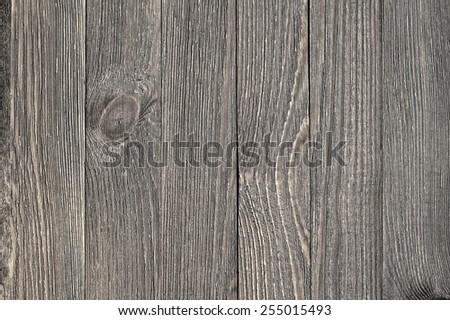 Natural knotted gray weathered wood plank texture background.