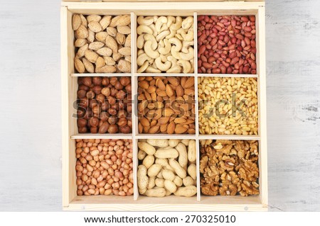 Assorted nuts in wooden box. Top view point.