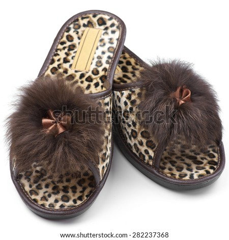 Pair of brown feminine slippers in animal style with fur decor isolated on white background.