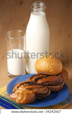Two buns on blue plate, bottle of milk and glass of milk on wooden background.