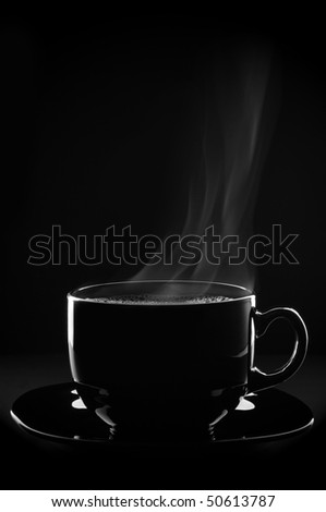 Outline of black cup of coffee with steam and saucer on black background.