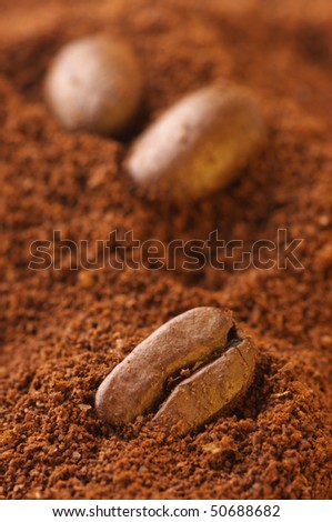 Close-up of coffee beans in ground coffee. Selective focus on foreground.
