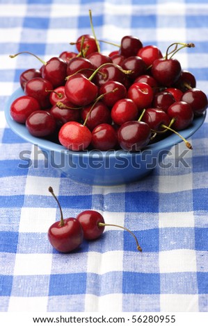Heap of cherries in blue dish on blue checkered cloth.