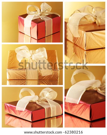 Collage of five still life with red and gold gifts on golden background.