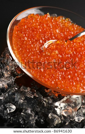 Salmon caviar in glass plate with spoon and ice on black background.