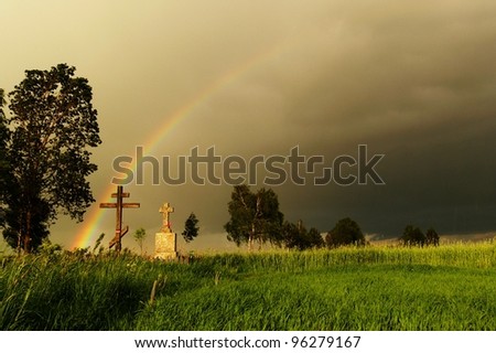 Rainbow and orthodox crosses.