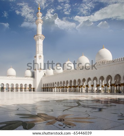 Internal view of shiekh zayad mosque with artistic mosaic floor. Sheikh Zayed mosque in Abu Dhabi is the third largest mosque in the world.