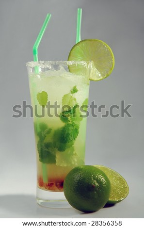 Cocktail Mojito removed close up with  lime  on a white background