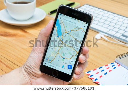 CHIANG MAI, THAILAND - FEB 21,2016: Google Maps application on Apple iPhone. Google Maps is a service that provides information about geographical regions and sites around the world.