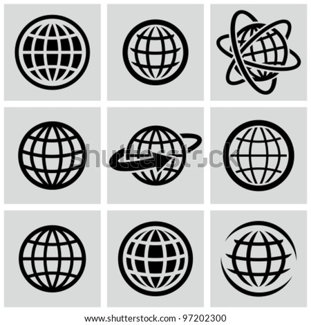 Globes vector black icons set. Globes vector black icons set.
