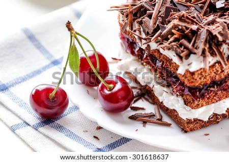 Black Forest cake piece on white plate with cherries berries close-up