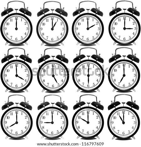 A set of alarm clocks showing every hour over white background