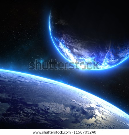 Two planets orbiting each other. Science fiction image of planets with glow and athmosphere in deep space wtih view from the orbit. Elements of this image furnished by NASA