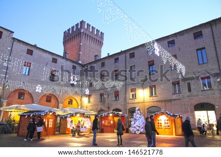 FERRARA, ITALY -DECEMBER 30:Christmas decoration piazza Cattedrale and Duomo qualified by UNESCO as World Heritage Site in Ferrara, Italy on December 30, 2012. Palazzo Municipale