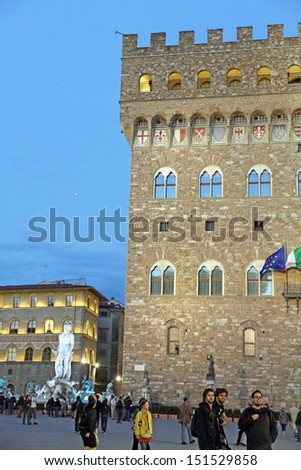 FLORENCE, ITALY-CIRCA MAY: Piazza Signoria at dusk on May 2013 in Florence. Is world heritage site and a touristic place in the world.