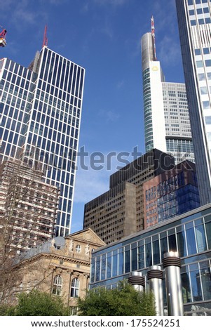 FRANKFURT - DECEMBER 9: Bottom view of skyscrapers in the central business district of Frankfurt am Main, on December 9, 2013 in Germany. Frankfurt is a largest financial centre in Europe.