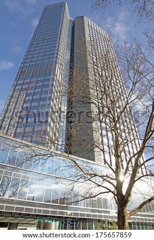 FRANKFURT - DECEMBER 9: Bottom view of skyscrapers in the central business district of Frankfurt am Main, on December 9, 2013 in Germany. Euro tower.