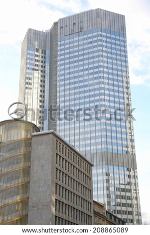 FRANKFURT - DECEMBER 9: Bottom view of skyscrapers in the central business district of Frankfurt am Main, on December 9, 2013 in Germany. Mercedes Benz building.