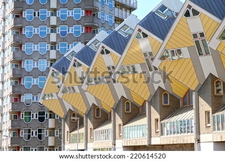 ROTTERDAM, Netherlands - JUNE 6: Cube houses designed by Piet Blom on June 6, 2014 in Rotterdam, Netherlands. They represents a village where each house is a tree. All the houses together a forest.